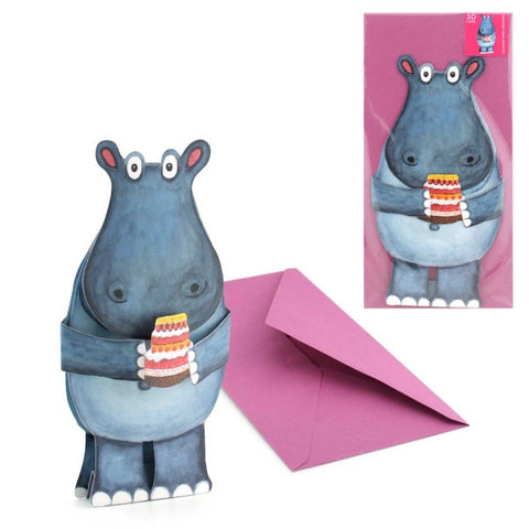 3D Animal Card - Hippo with Cake