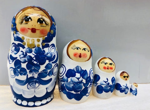Blue and White Matte Nesting Dolls - set of 5