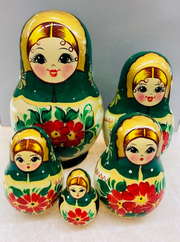 Green with Red Floral Nesting Dolls - set of 5